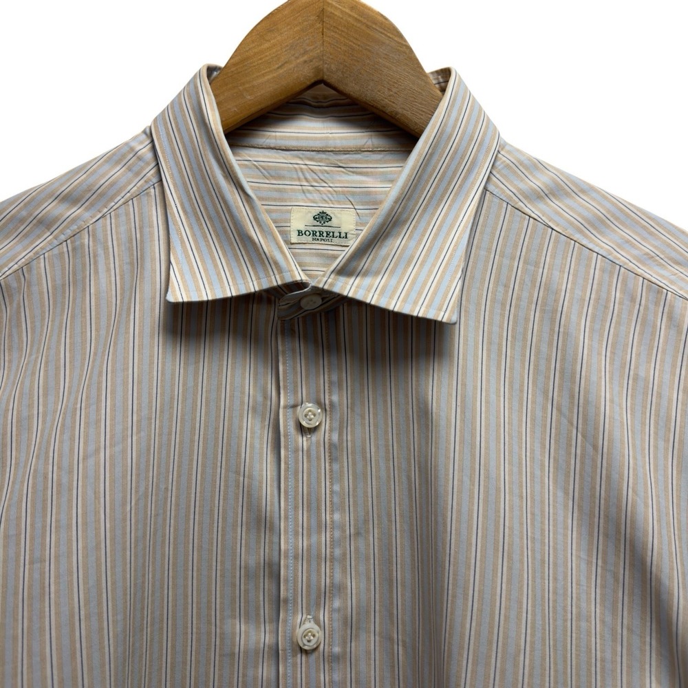 Borrelli Napoli Men's 17/43 Blue/Orange Striped Button Front Cotton Shirt Italy